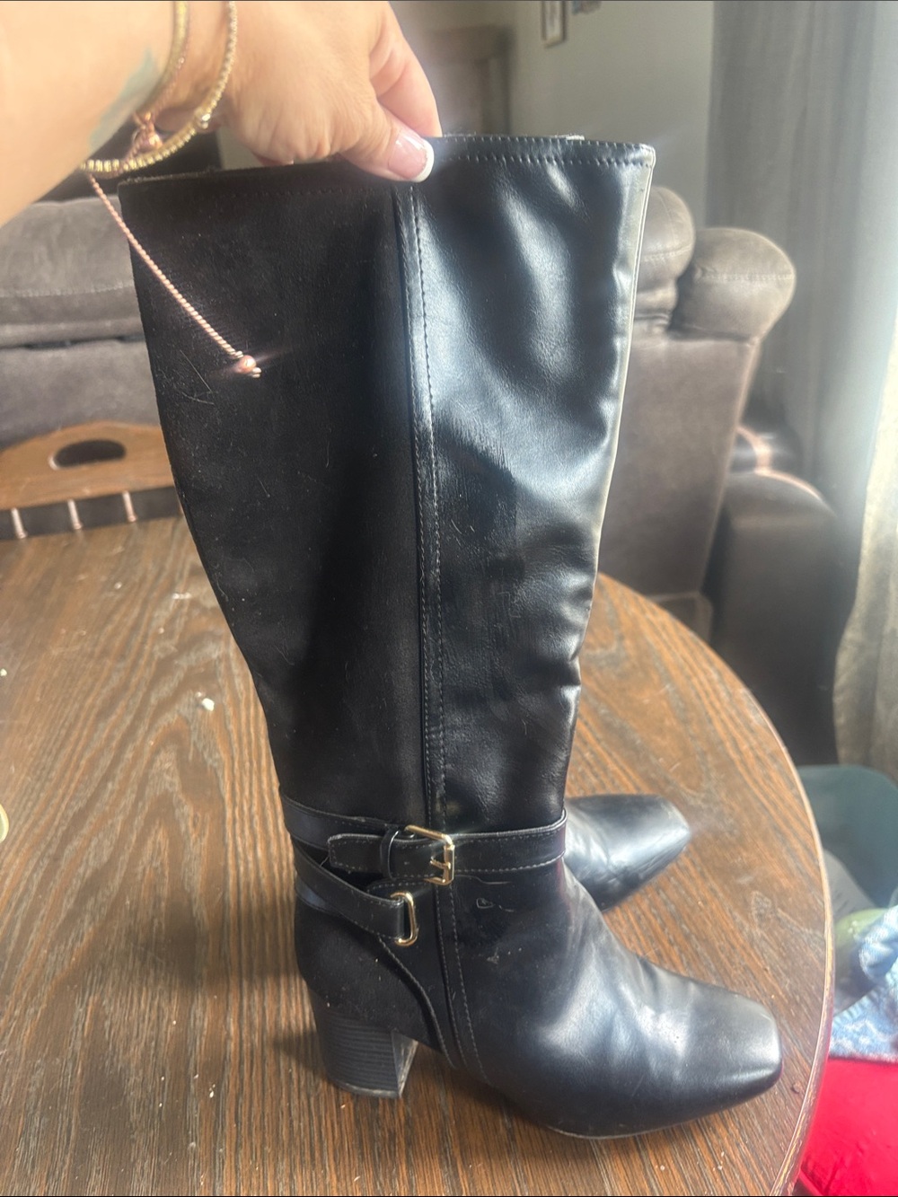 Liz Claiborne Black Mid-Calf Heeled Boots with Buckle Detail